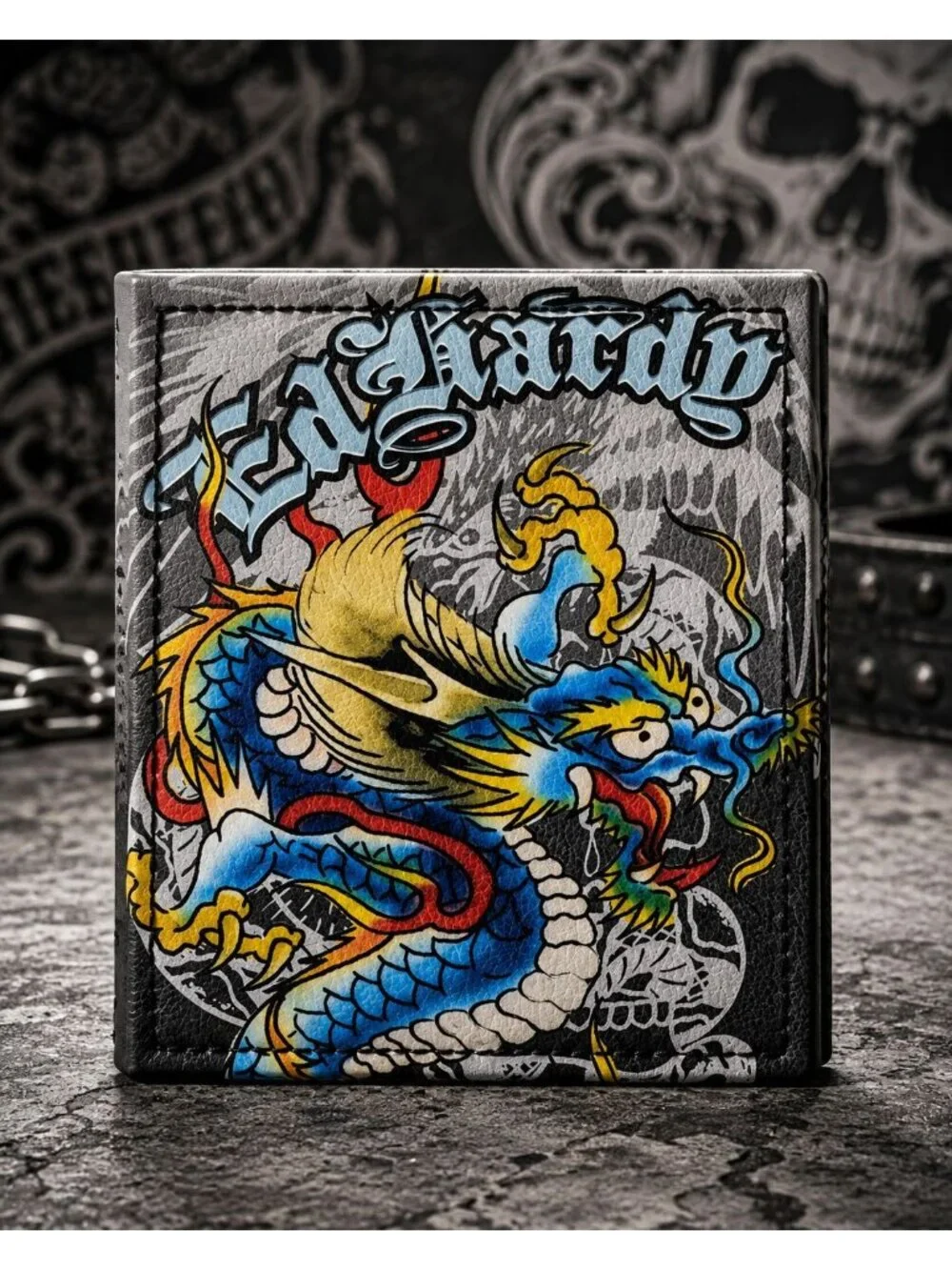 Ed Hardy Men’s Bifold Wallet w Valet Tray Card Slots ID Window Black Dragon -NEW